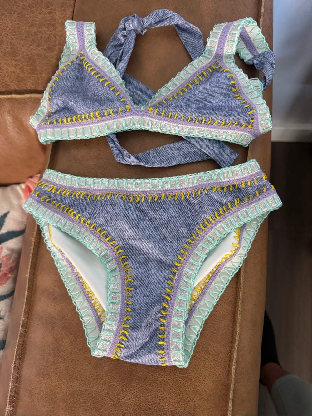 Kids Two-Piece Denim-Look Bikini with Mint Trim and Yellow Stitching